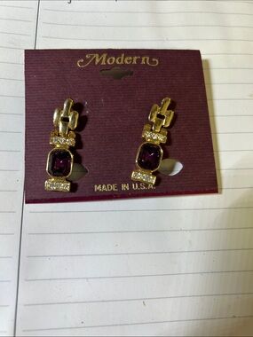 Modern Vintage Gold-Tone Earrings with Purple Stones and Clear Accents